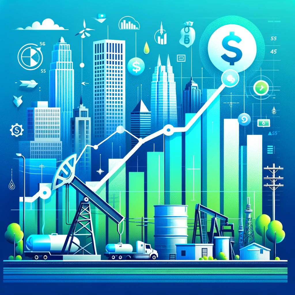 A professional and modern thumbnail image representing accounting and tax services in the oil and gas sector, set in Tulsa. The image features abstract elements including a calculator or abacus symbolizing financial services, an oil derrick representing the oil industry, and a silhouette of Tulsa's cityscape in the background. The color scheme predominantly uses shades of blue and green to convey a sense of trust, growth, and financial prosperity.